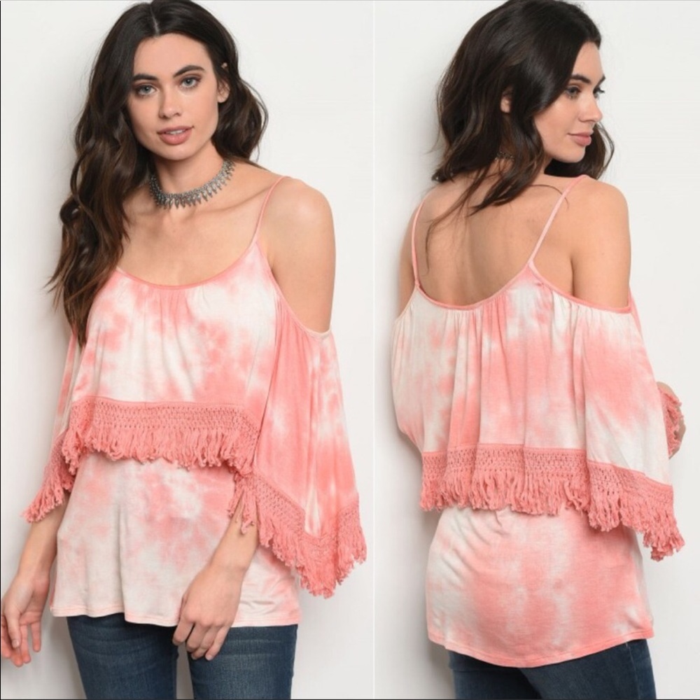 COLD SHOULDER CORAL TIE DYE TOP WITH FRINGE
